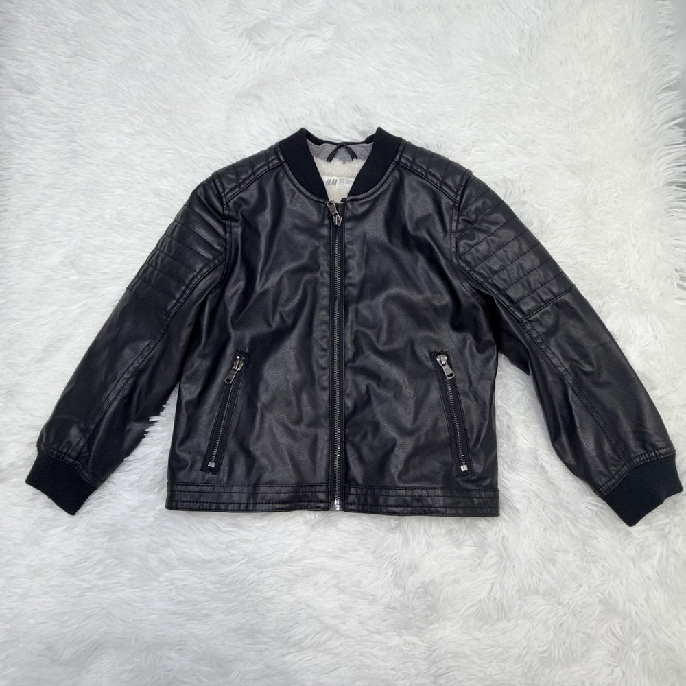 H&M Kids Black Faux Leather Moto Jacket Sherpa Lined Size 4-5Y Boy